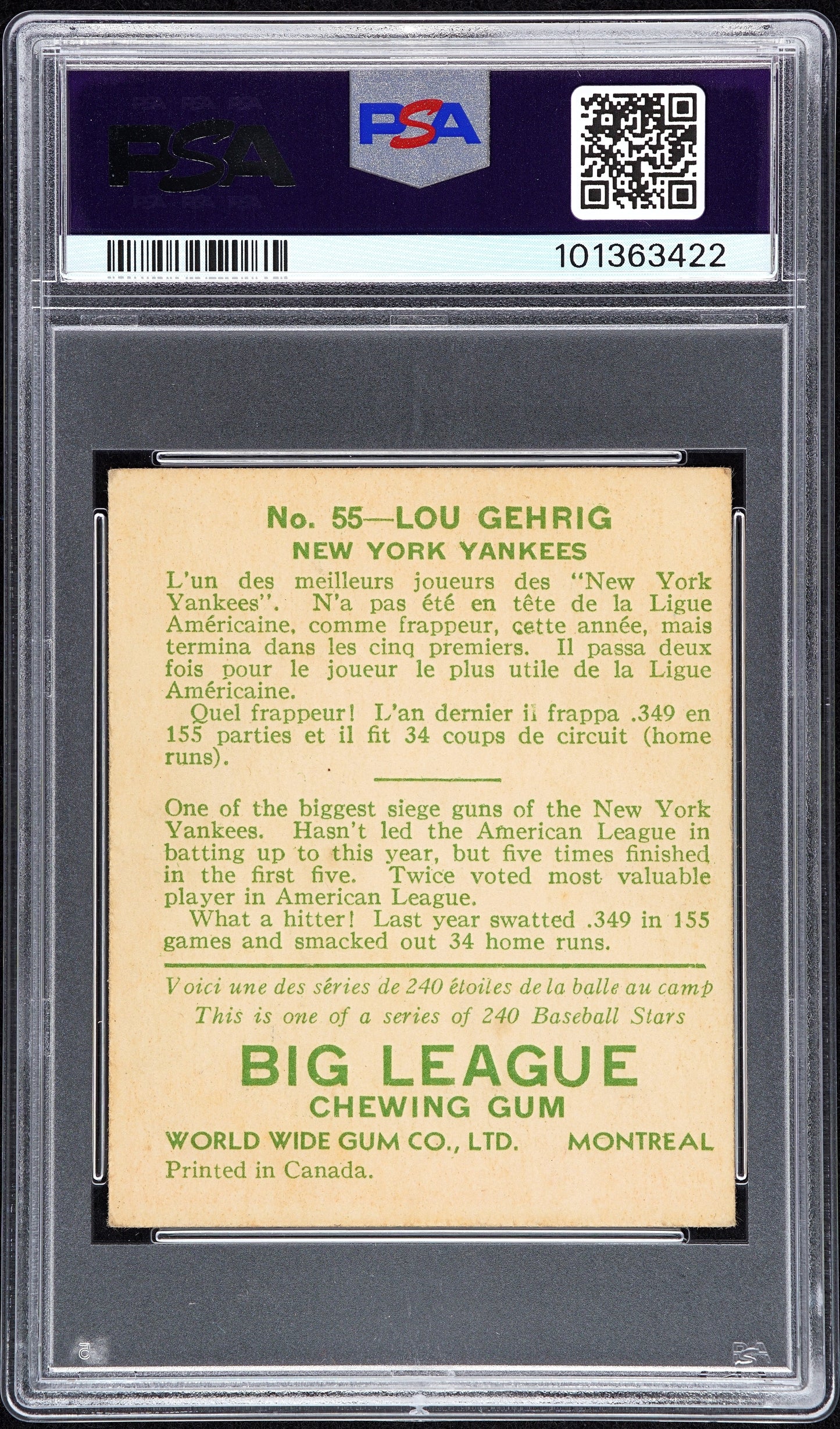 1933 World Wide Gum #55 Lou Gehrig Yankees PSA 4