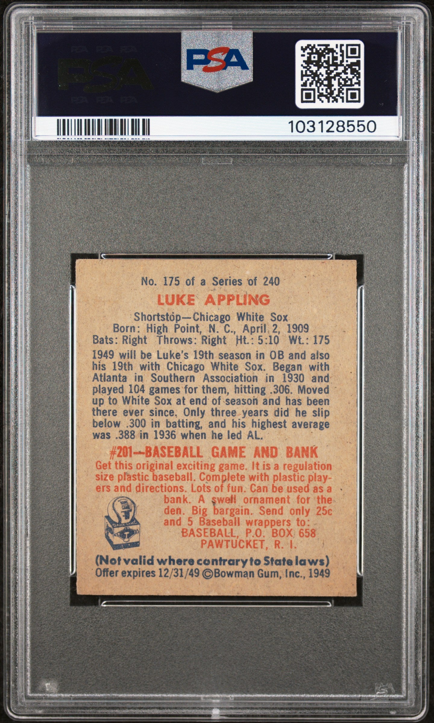 1949 Bowman #175 Luke Appling White Sox PSA 5.5