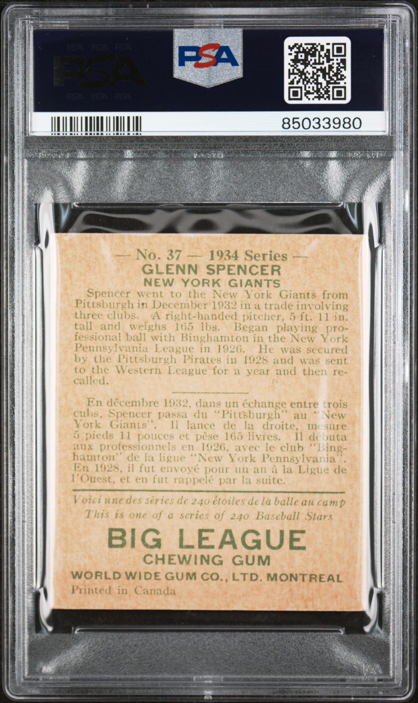 1934 World Wide Gum #37 Glenn Spencer Giants PSA 4.5