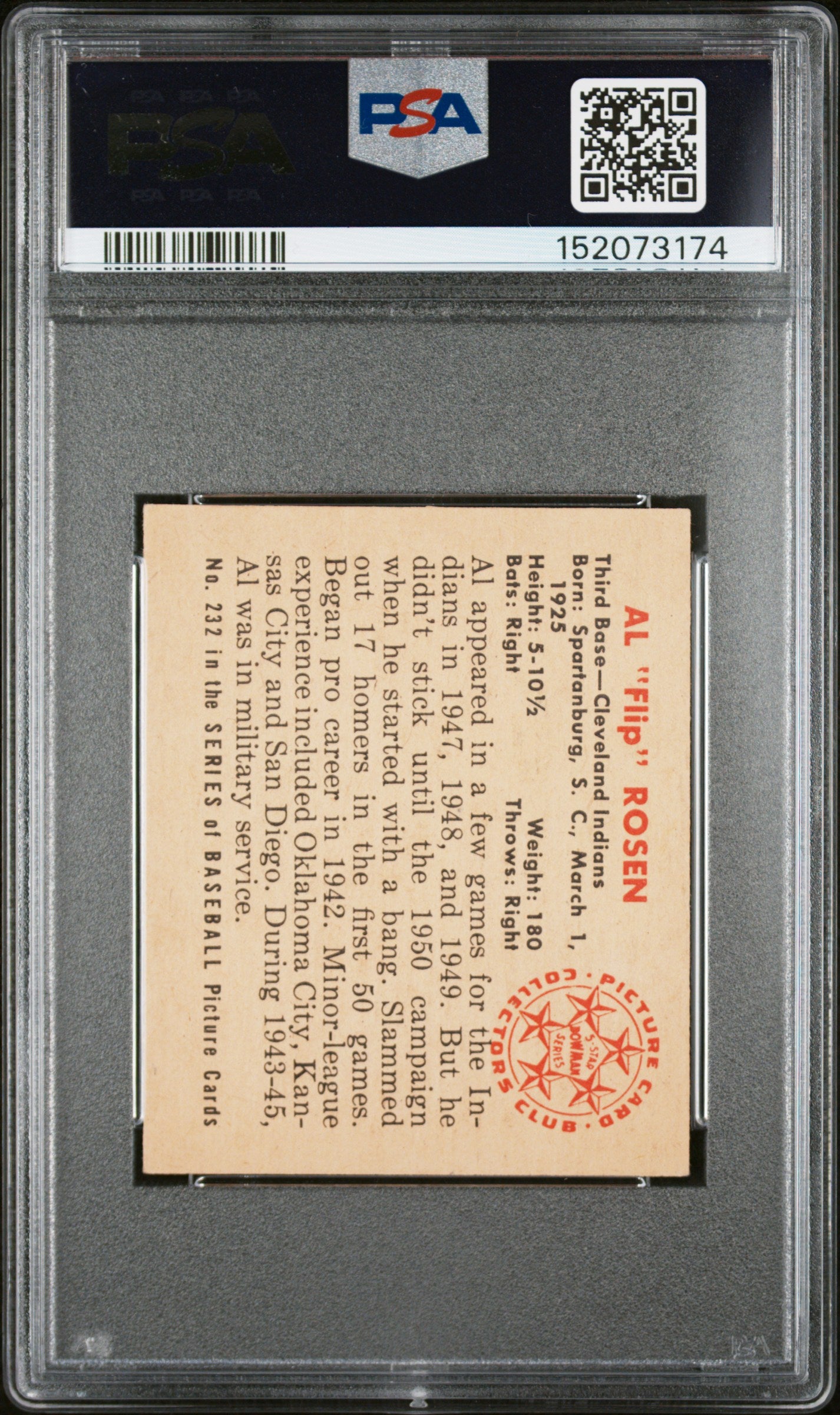 1950 Bowman #232 Al Flip Rosen Rookie Without Copyright Indians PSA 6