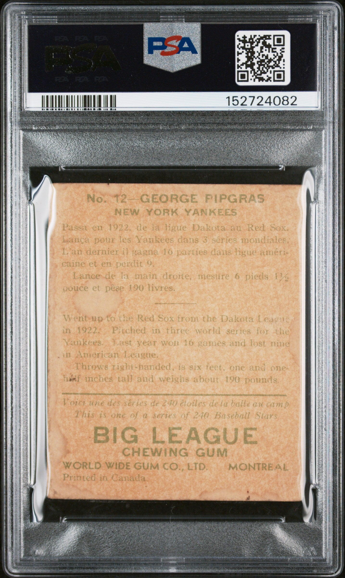 1933 Goudey World Wide Gum #12 George Pipgras Yankees PSA 2