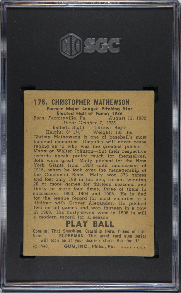 1940 Playball #175 Christy Mathewson Giants SGC 4 Well Centered