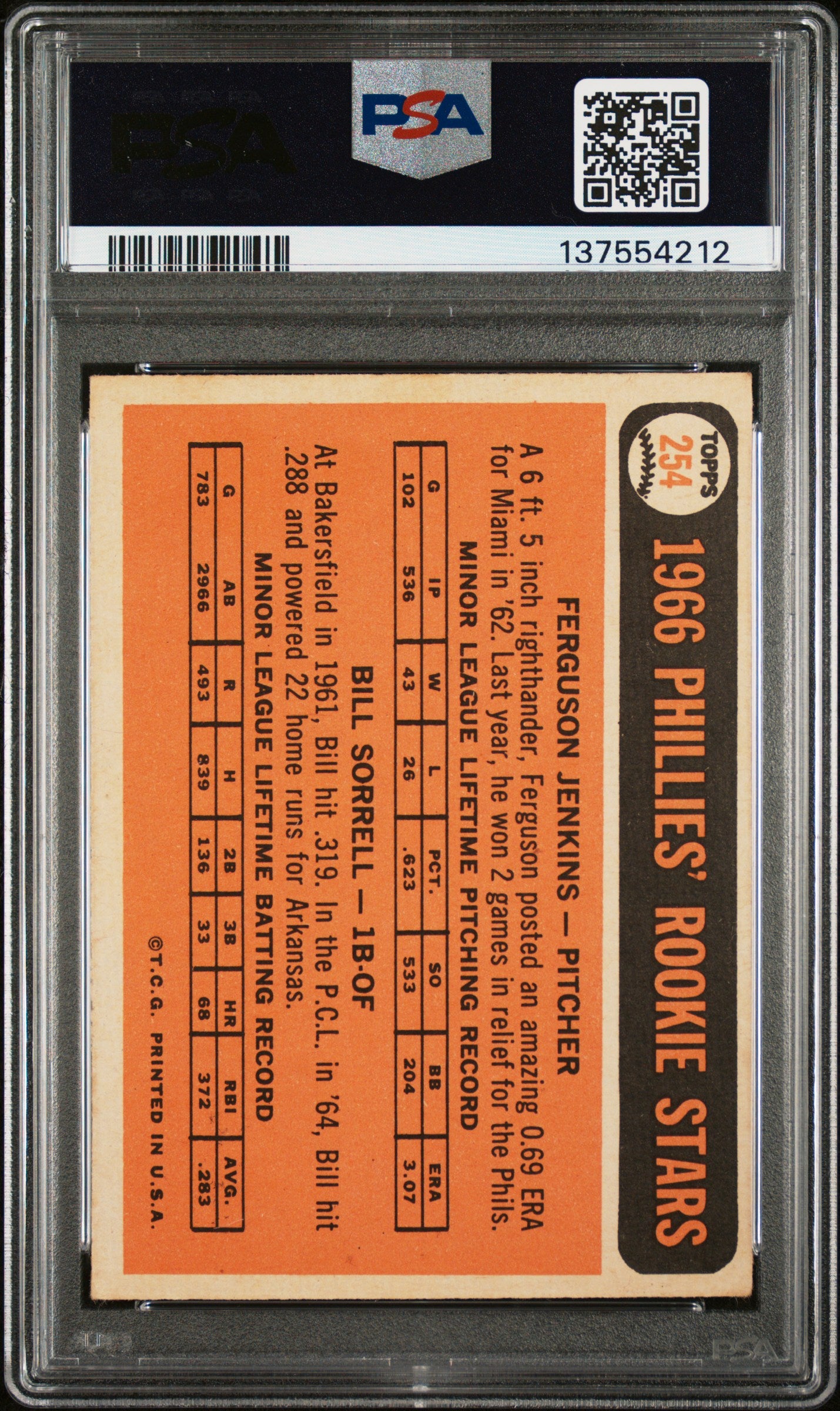 1966 Topps #254 Ferguson Jenkins Rookie HOF Signed PSA Auto 10