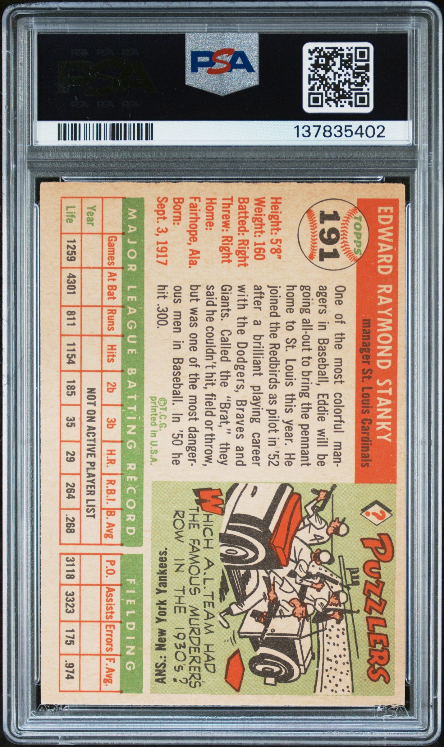 1955 Topps #191 Ed Stanky Cardinals PSA 6