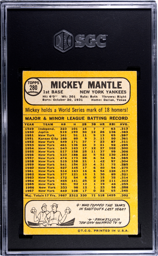 1968 Topps #280 Mickey Mantle Yankees SGC 3.5