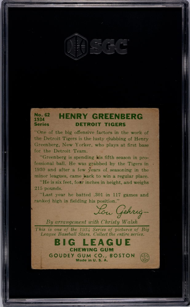 1934 Goudey #62 Hank Greenberg Rookie HOF Tigers SGC 3