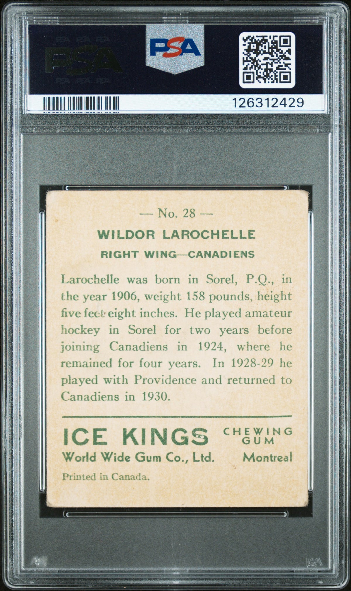 1933 World Wide Gum Ice Kings #28 Wildor Larochelle Rookie English Only PSA 3