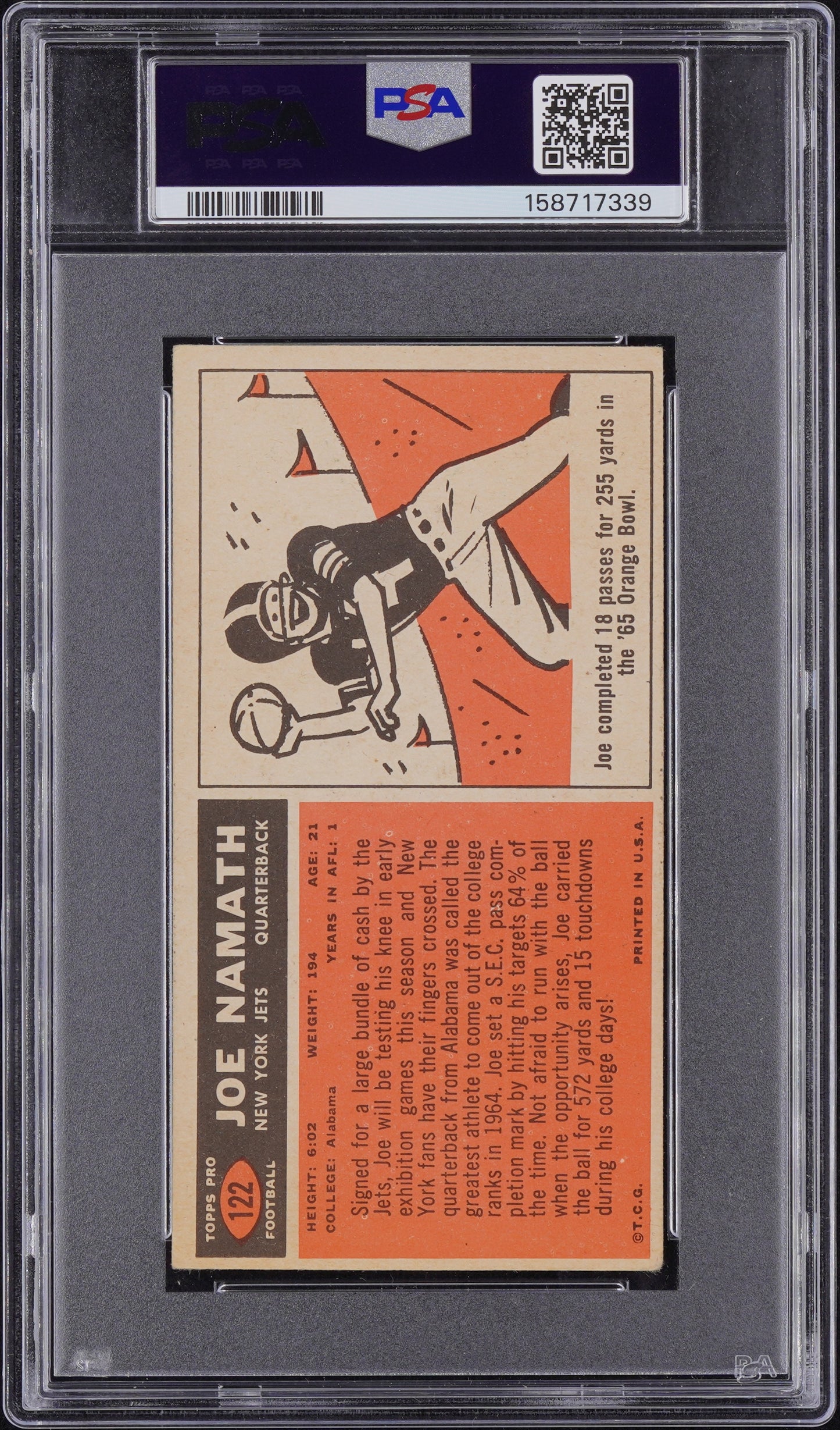 1965 Topps #122 Joe Namath Rookie HOF Jets PSA 3