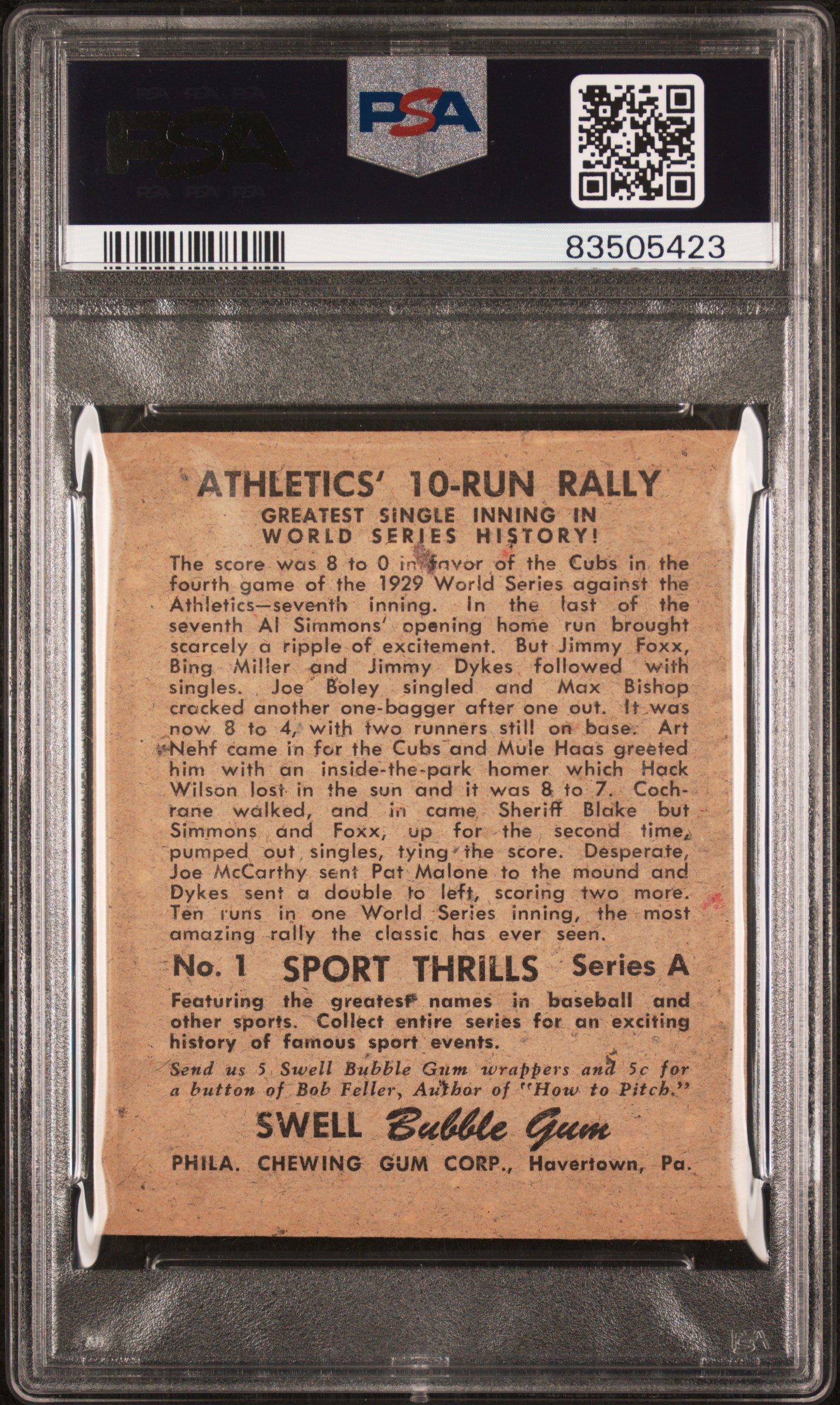 1948 Swell Sports Thrills #1 Greatest Single w/ Jimmy Foxx PSA 4