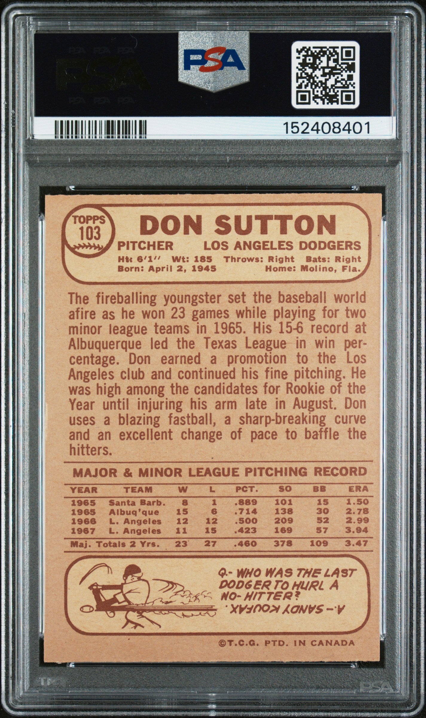 1968 OPC O-Pee-Chee #103 Don Sutton Dodgers PSA 7