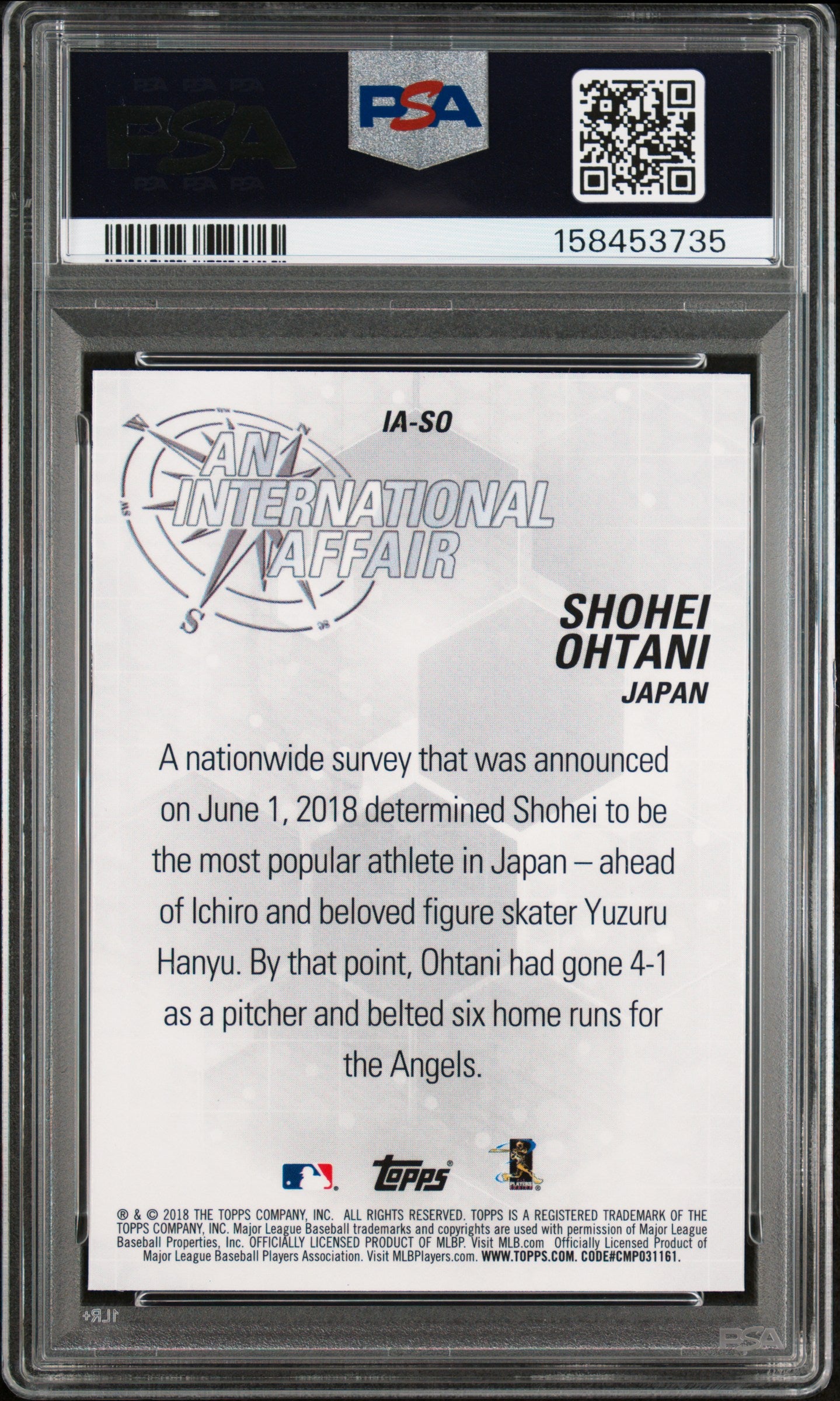 2018 Topps Chrome Update International Affair #IA-SO Shohei Ohtani Rookie PSA 10