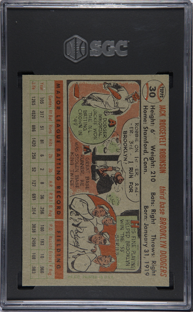 1956 Topps #30 Jackie Robinson Dodgers Gray Back SGC 5