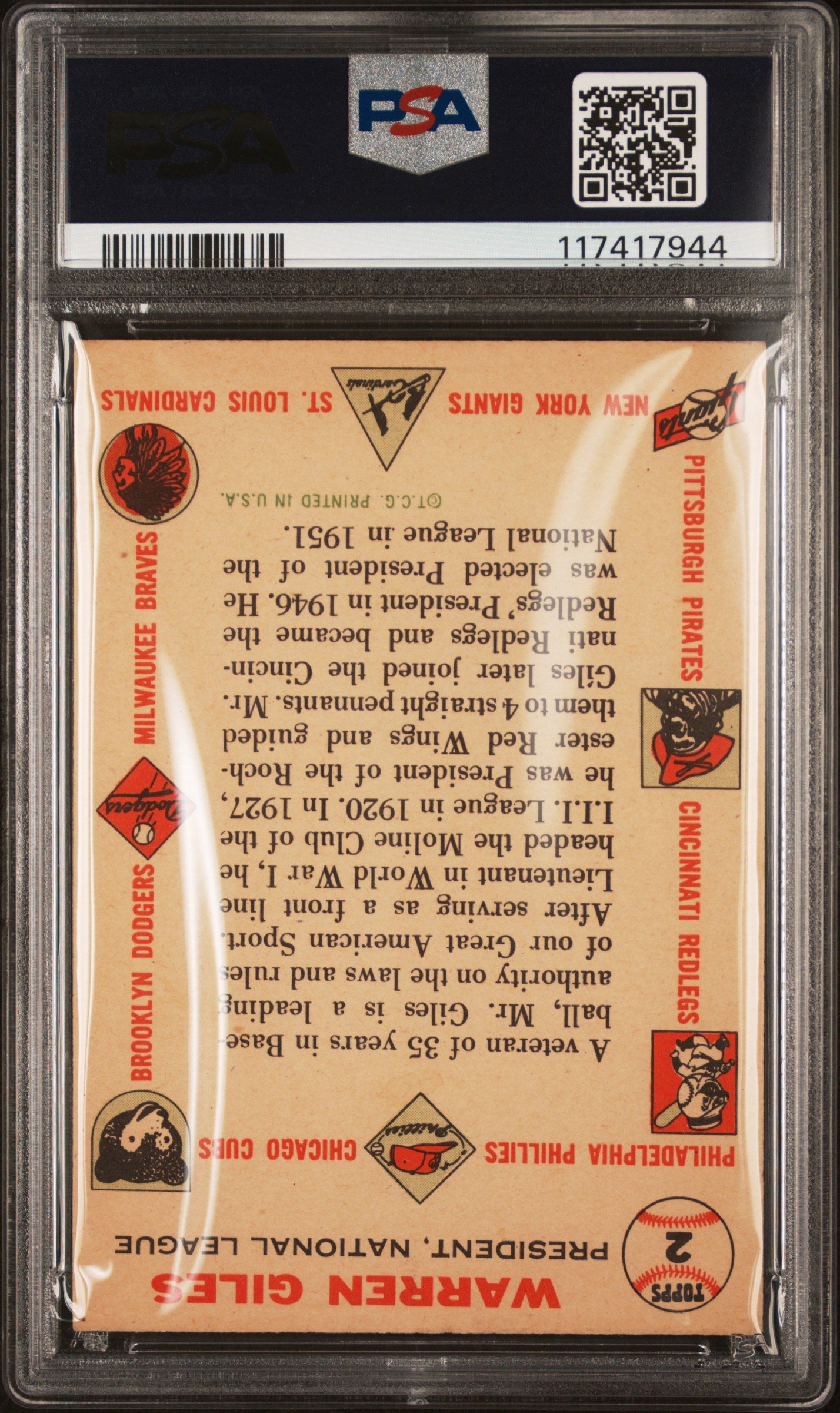 1956 Topps #2 Warren Giles White Back PSA 6