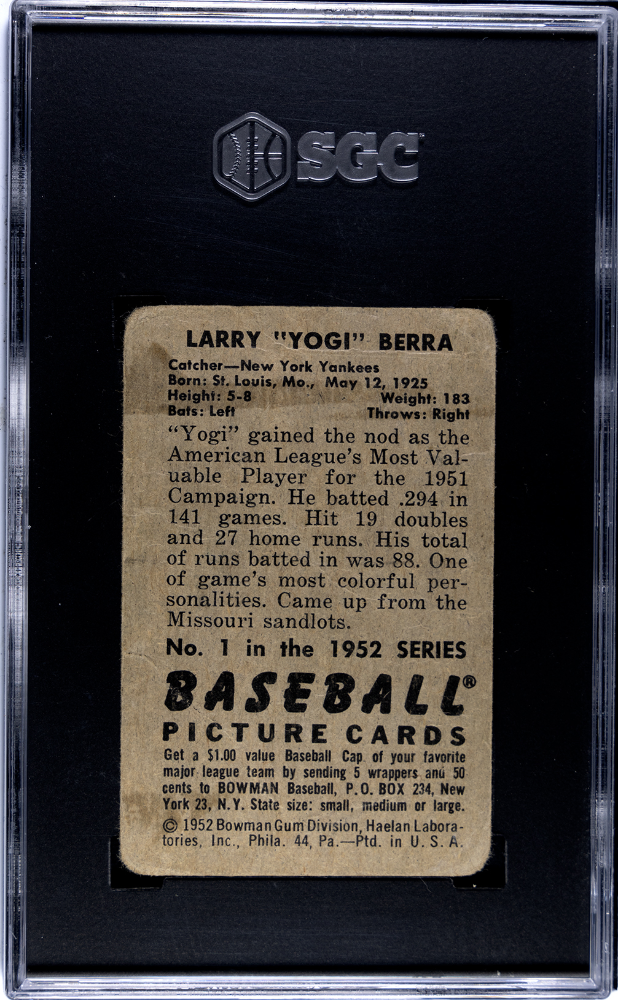 1952 Bowman #1 Yogi Berra Yankees SGC 1