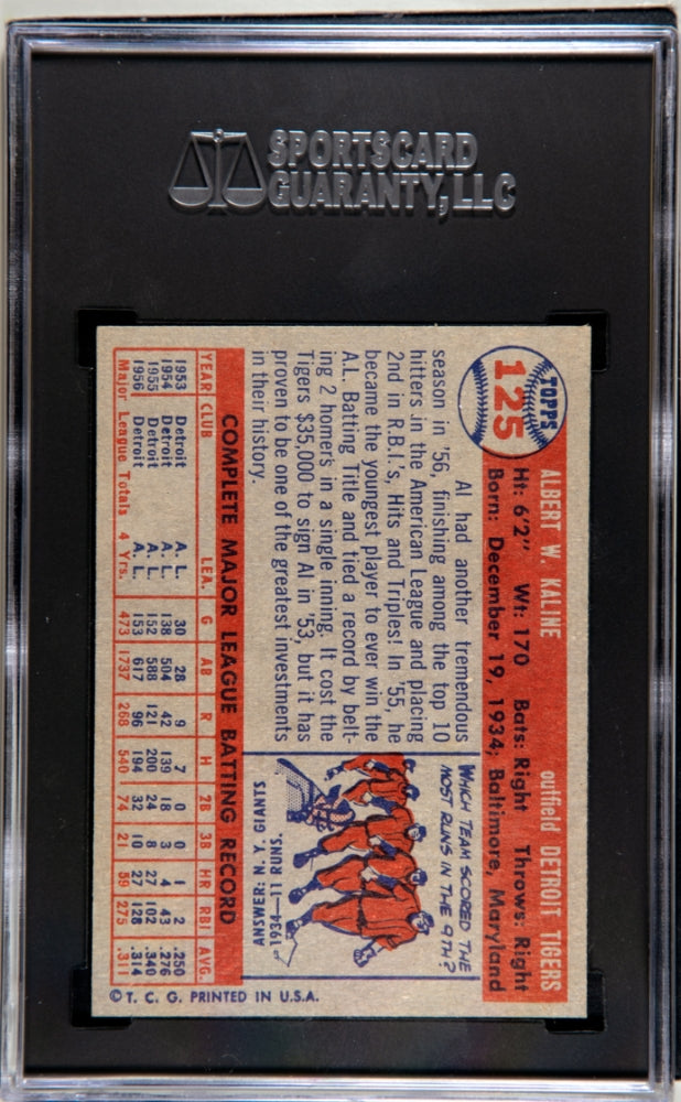 1957 Topps #125 Al Kaline Tigers SGC 8 Well Centered