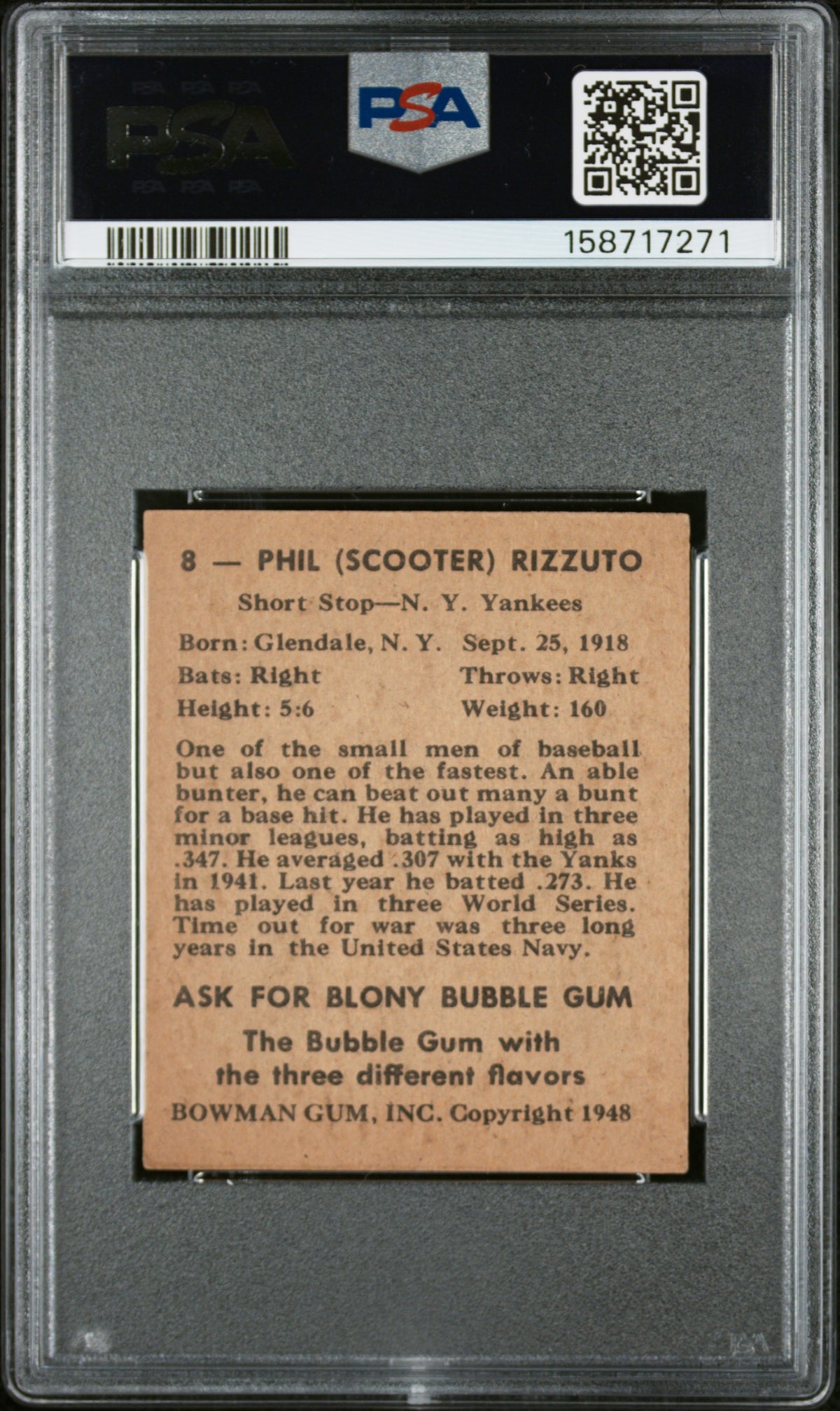 1948 Bowman #8 Phil Rizzuto Rookie HOF Yankees PSA 6
