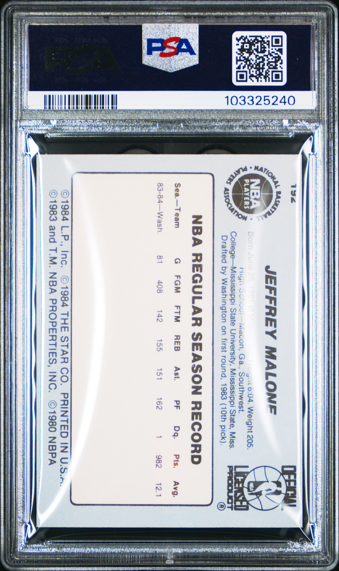 1984 Star #192 Jeff Malone Rookie Bullets PSA 9 pop 9 (None Higher)