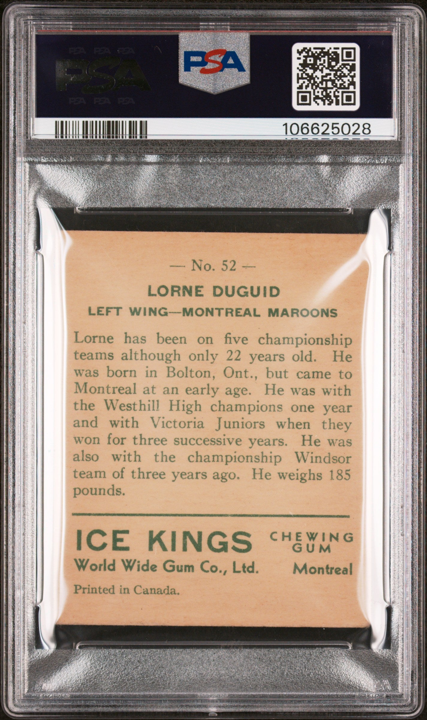1933 World Wide Gum Ice Kings #52 Lorne Duguid Maroons English Only PSA 3