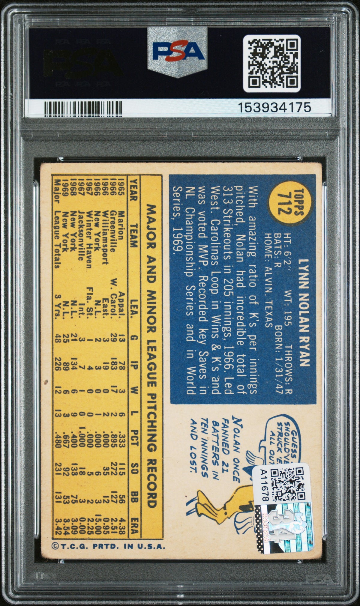 1970 Topps #712 Nolan Ryan Signed Auto PSA Authentic Auto 10