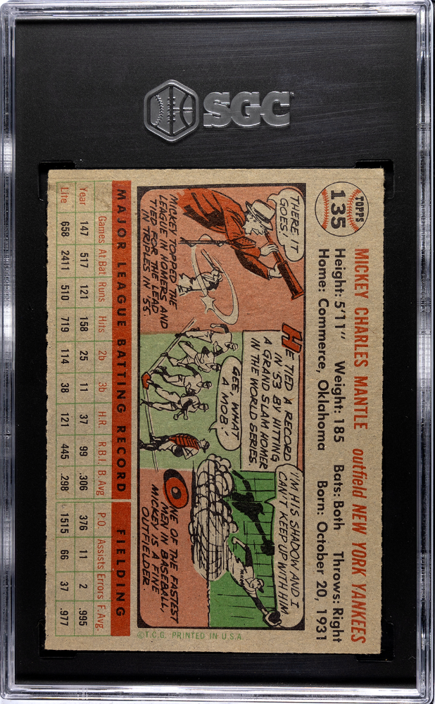 1956 Topps #135 Mickey Mantle Gray Back Yankees SGC 2.5 (Appears Nicer)