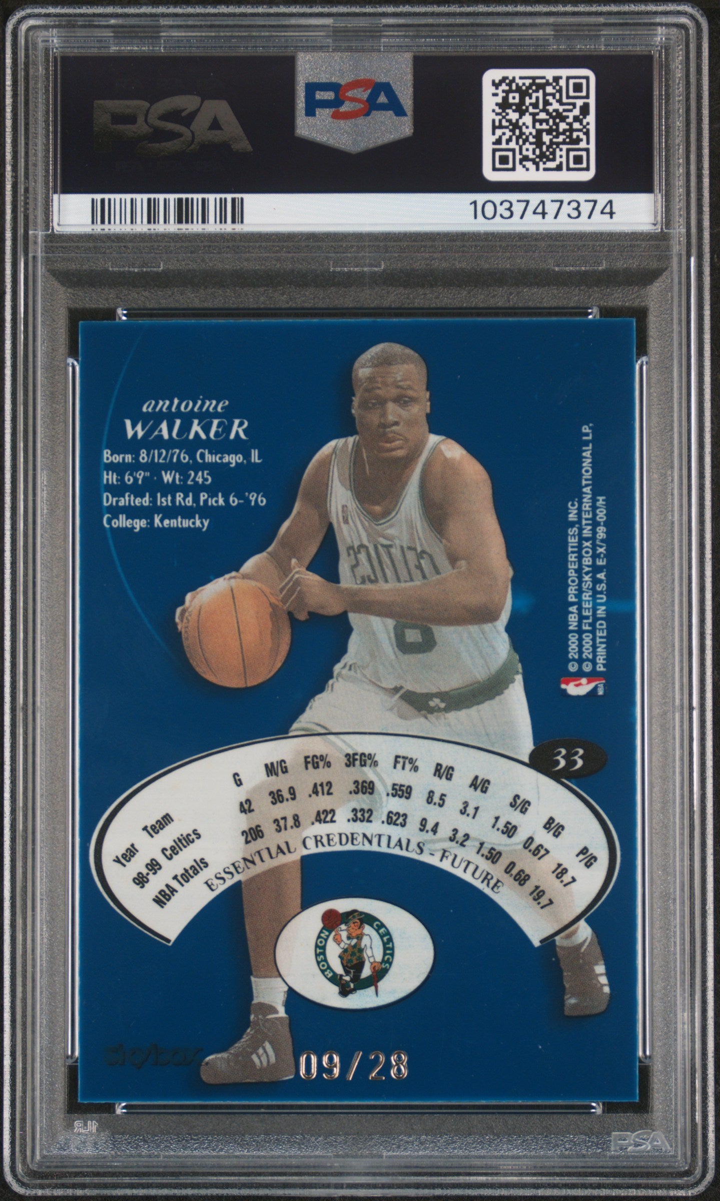 1999 Skybox E-X Essential Credentials Future Antoine Walker /28 PSA 7 pop 2