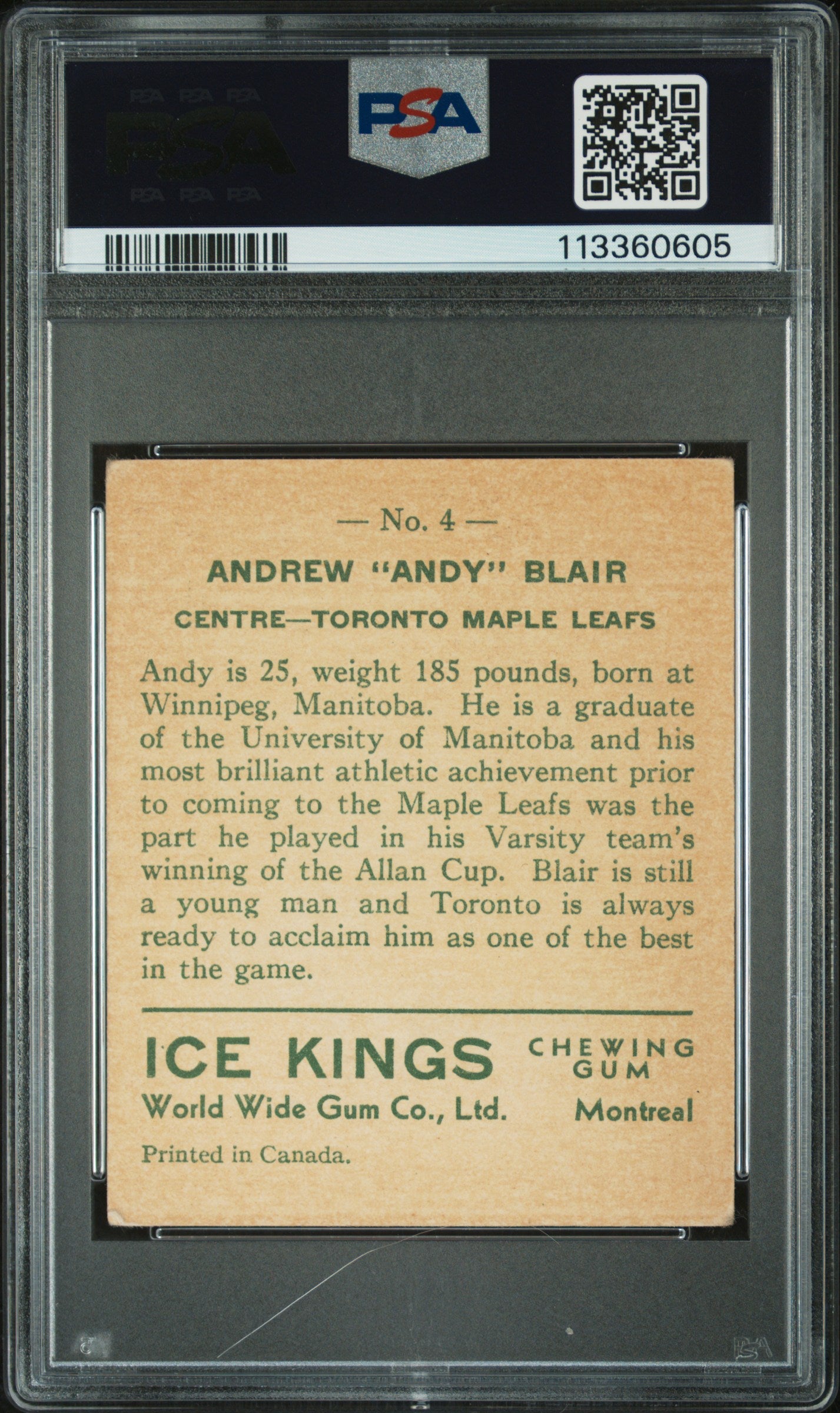 1933 World Wide Gum Ice Kings #4 Andrew Blair Maple Leafs English Only PSA 3