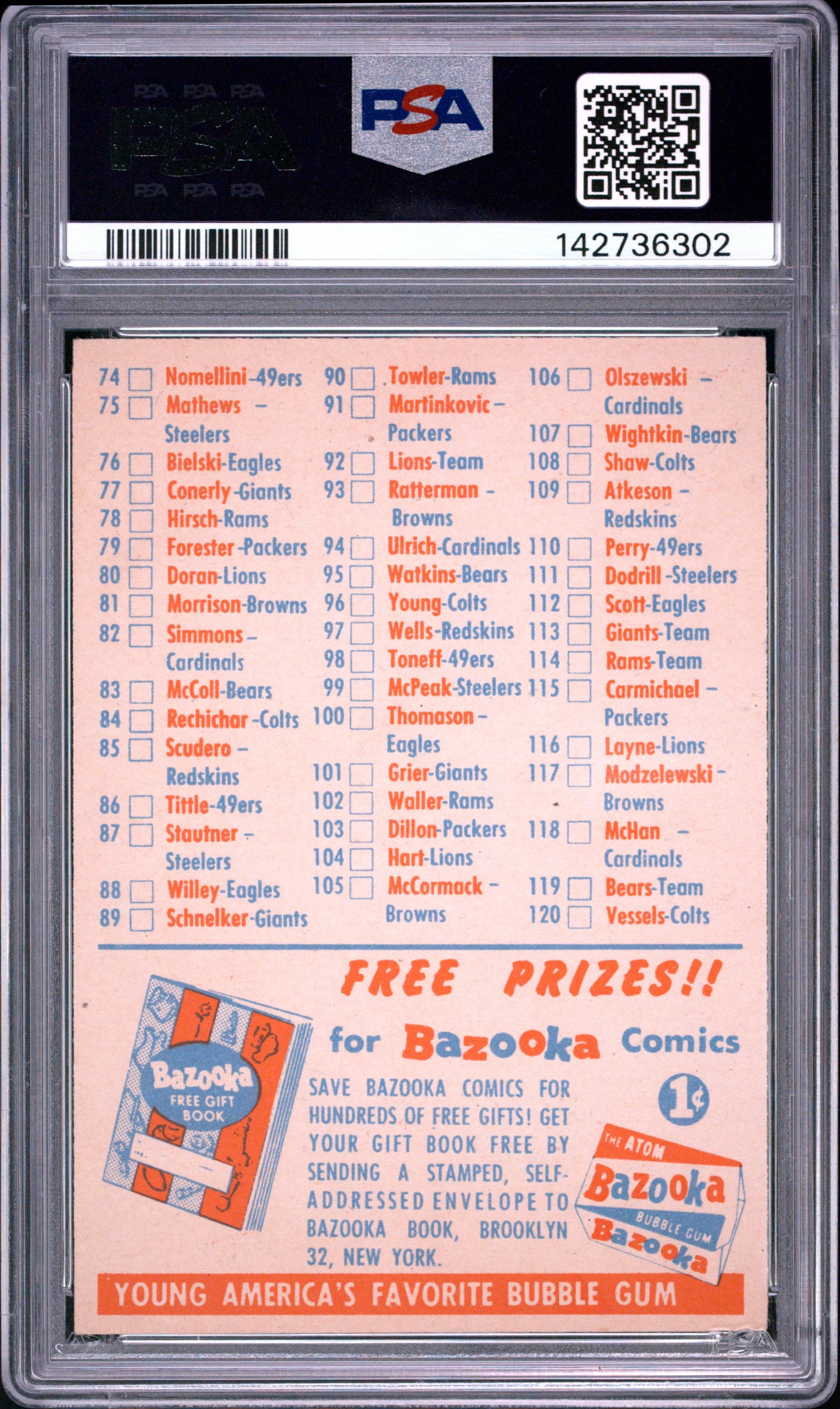 1956 Topps Football Checklist PSA 5