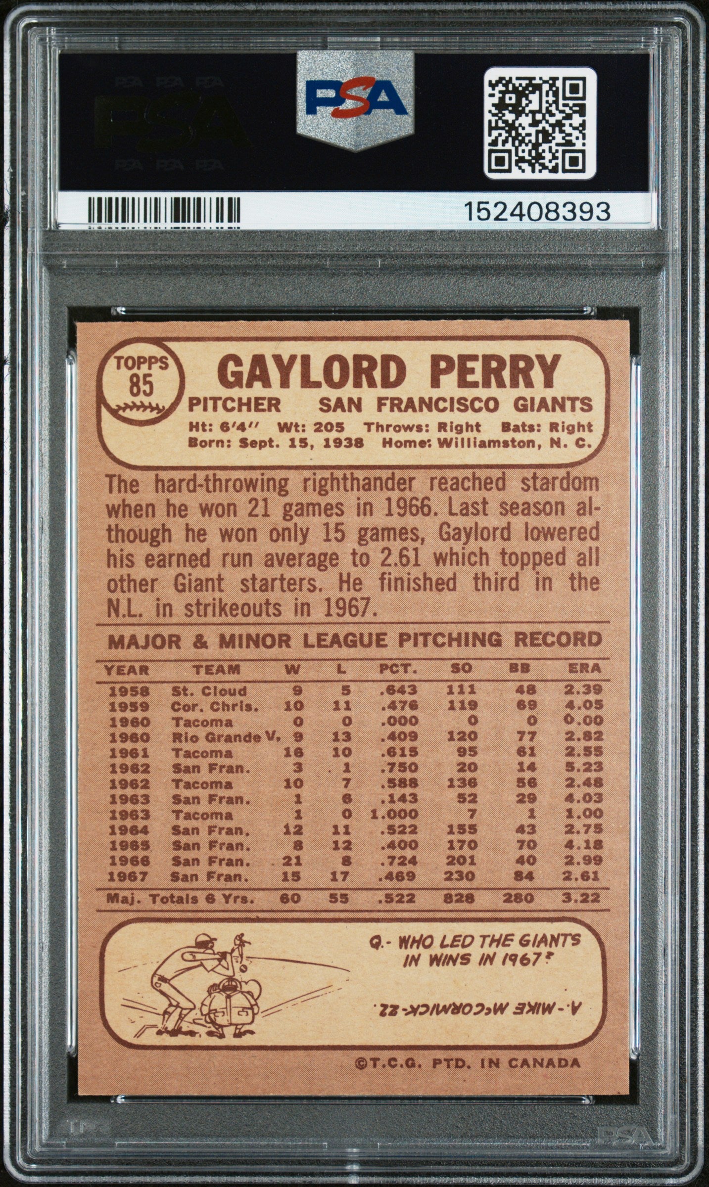 1968 OPC O-Pee-Chee #85 Gaylord Perry PSA 9 Well Centered POP 8 None Higher