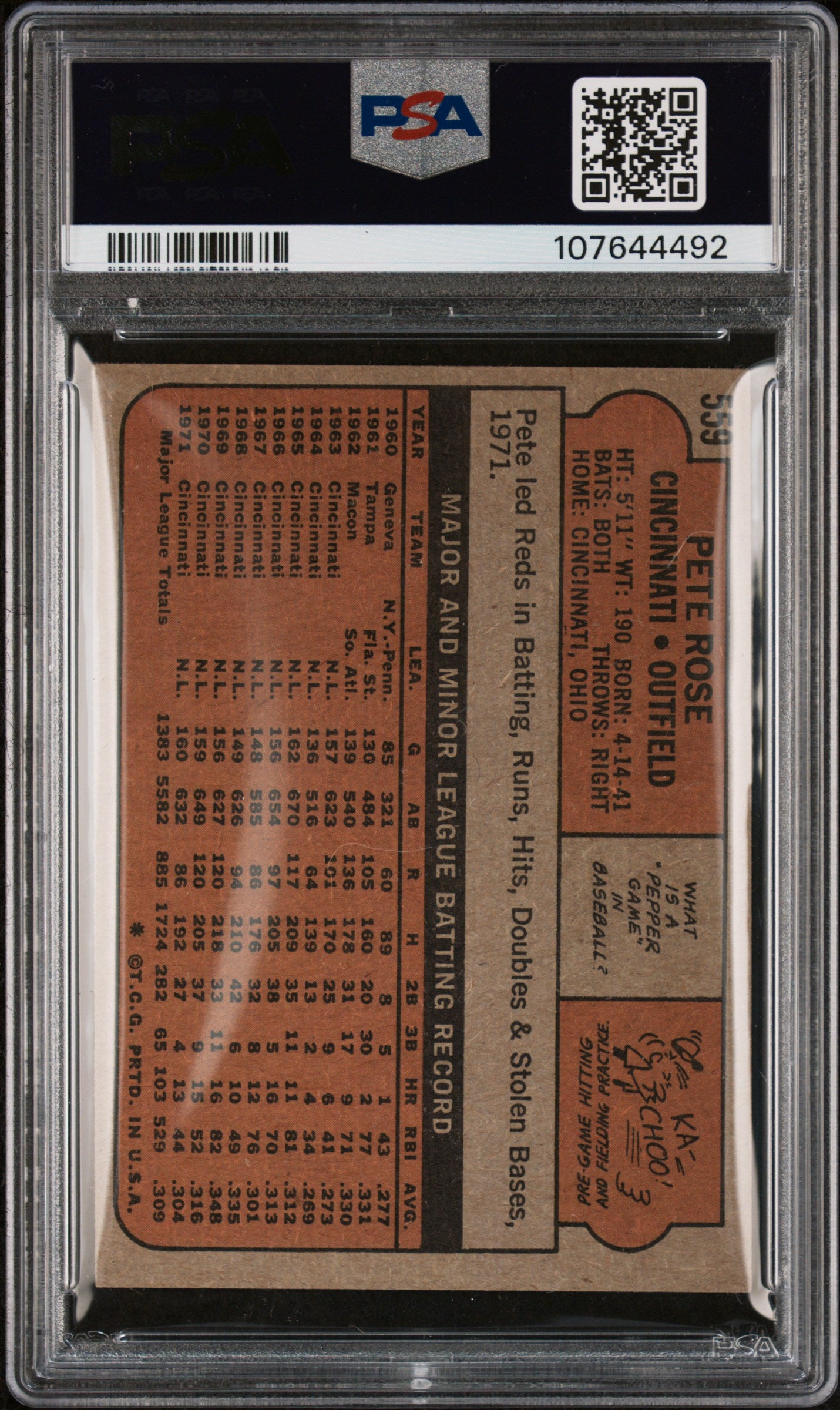 1972 Topps #559 Pete Rose Reds PSA/DNA Auto 10