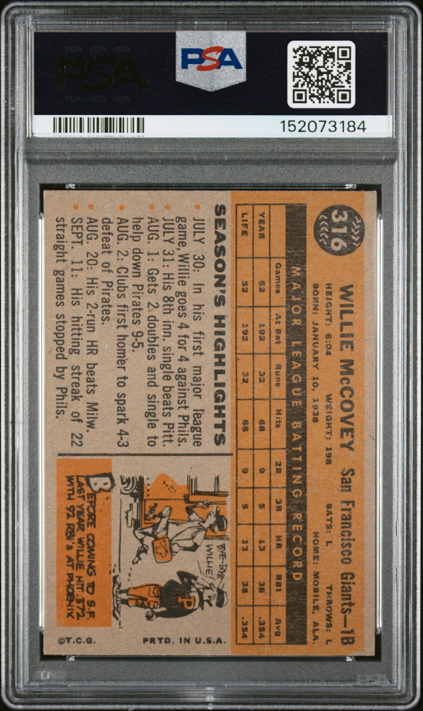 1960 Topps #316 Willie Mccovey Rookie HOF Giants PSA 5.5
