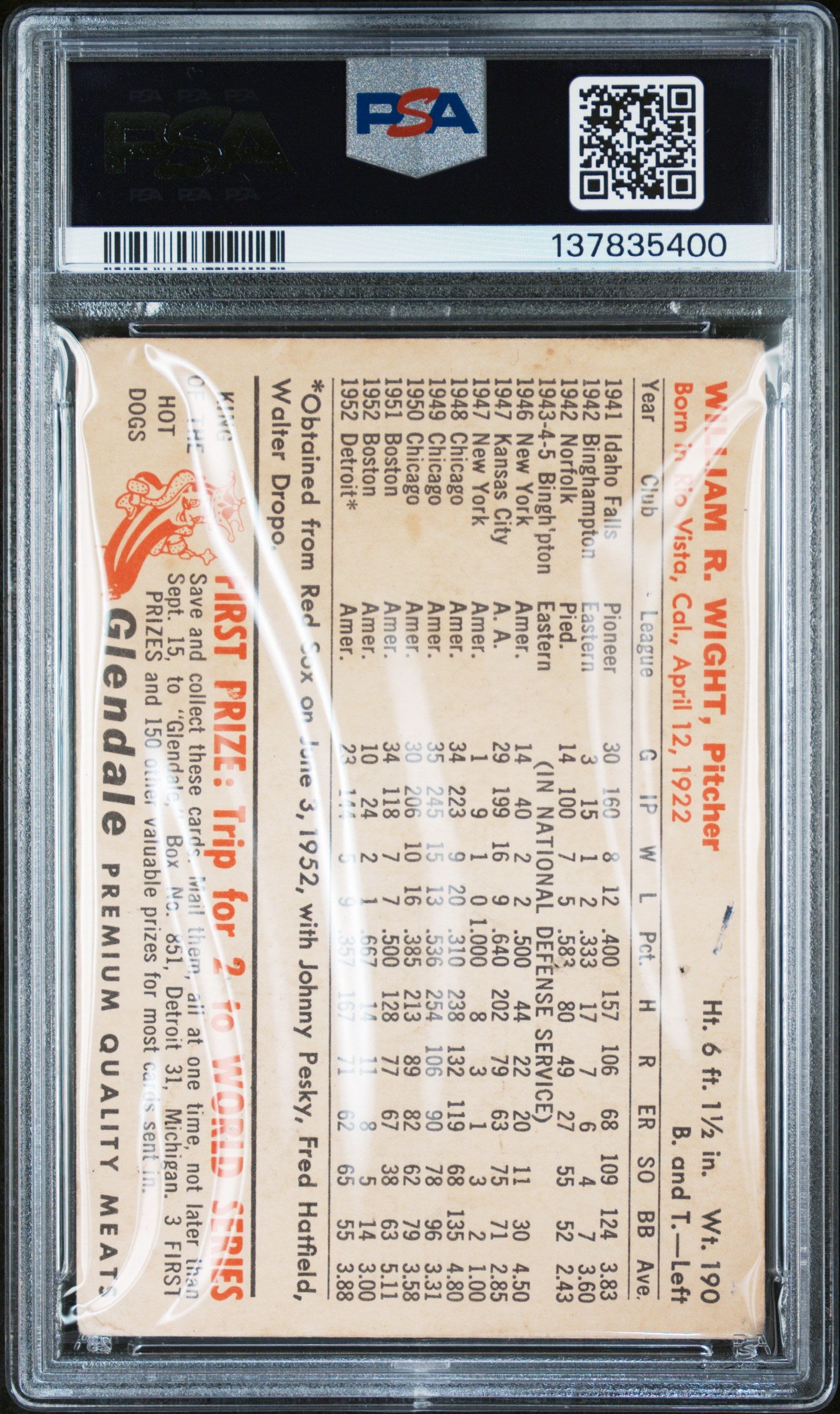 1953 Glendale Hot Dogs Bill Wight Tigers PSA 1 (MK)