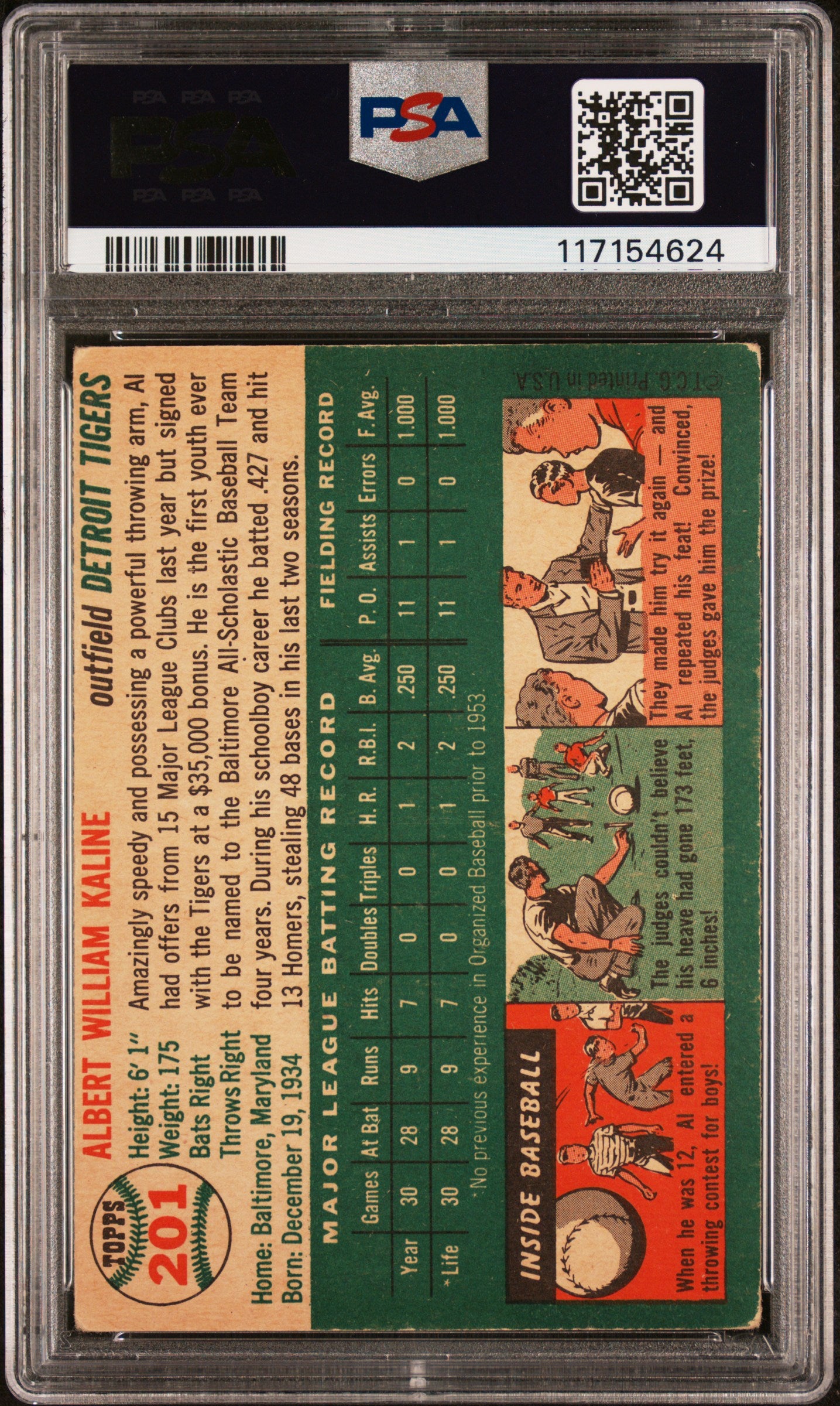 1954 Topps #201 Al Kaline Rookie Signed Auto w/ HOF Inscription PSA Auto 10