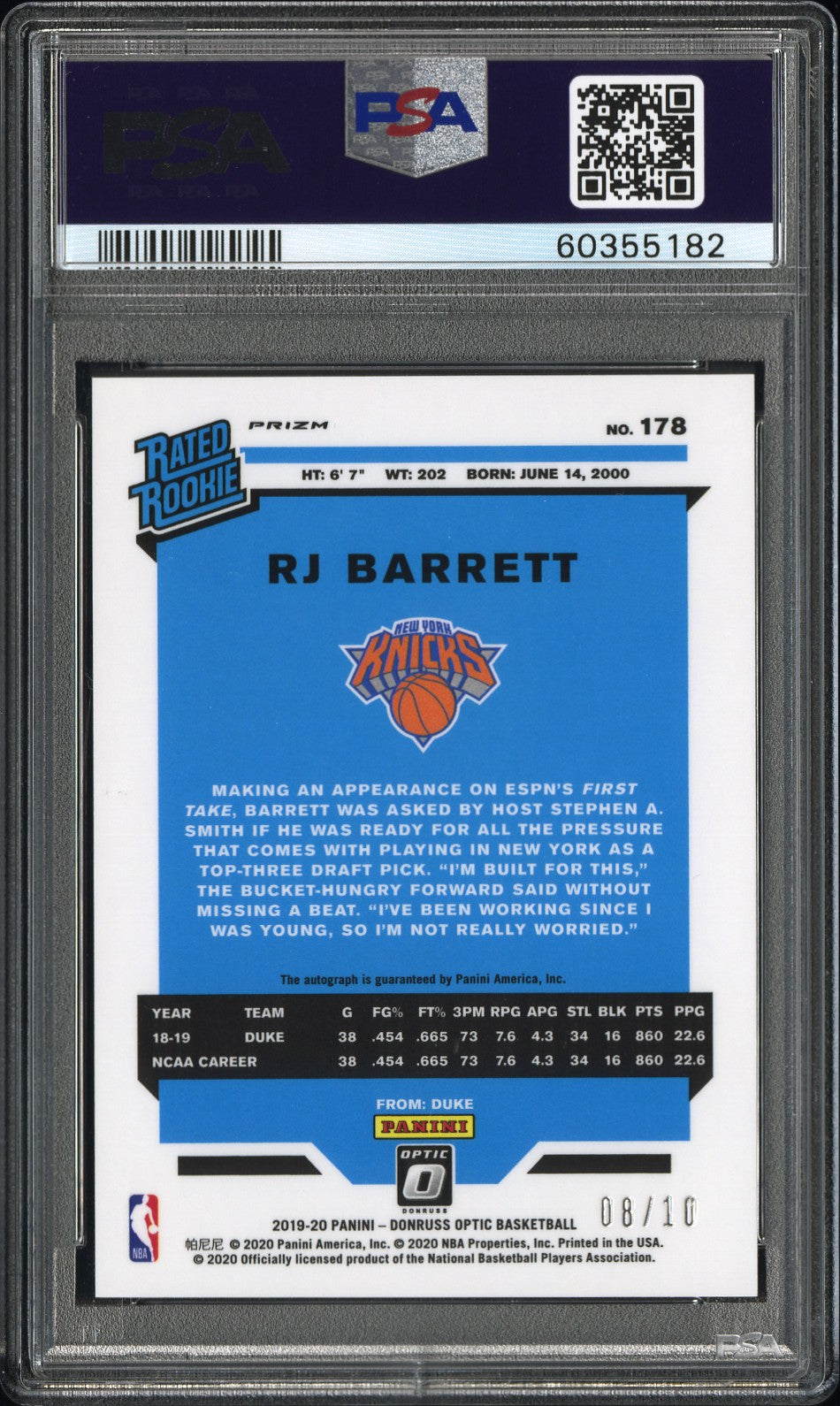 2019 Donruss Optic Fast Breaks Gold 8/10 #178 RJ Barrett Auto Rookie PSA 9