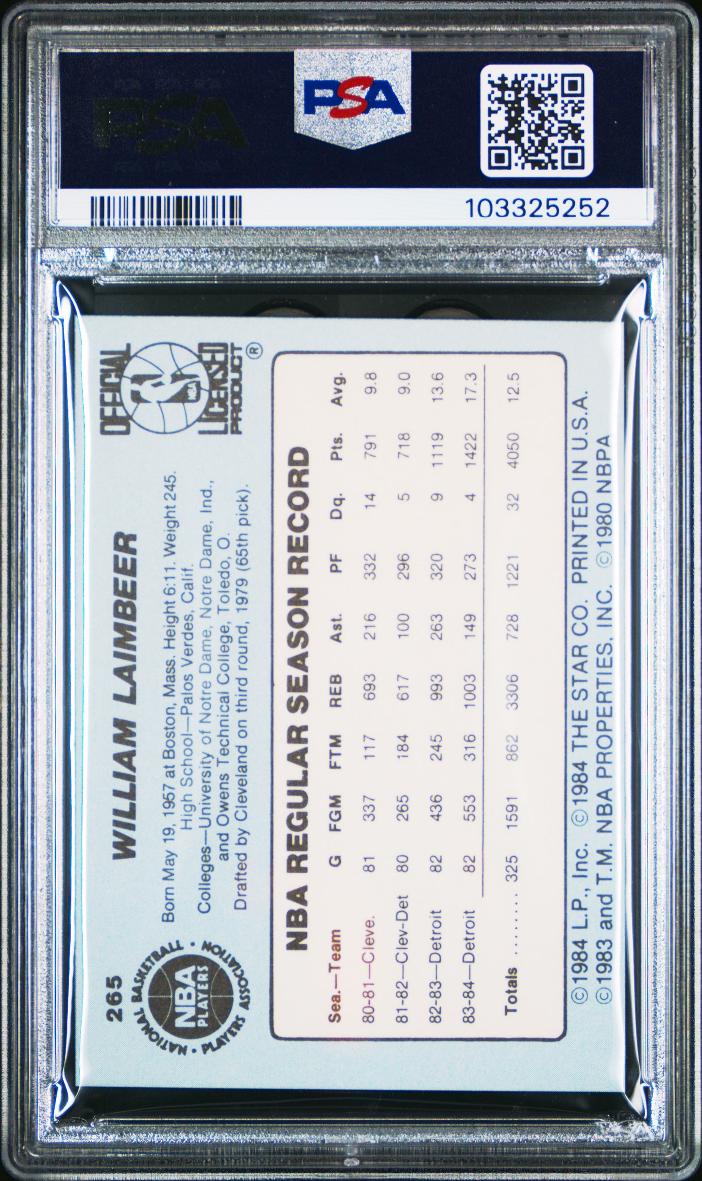 1984 Star #265 Bill Laimbeer Pistons PSA 6