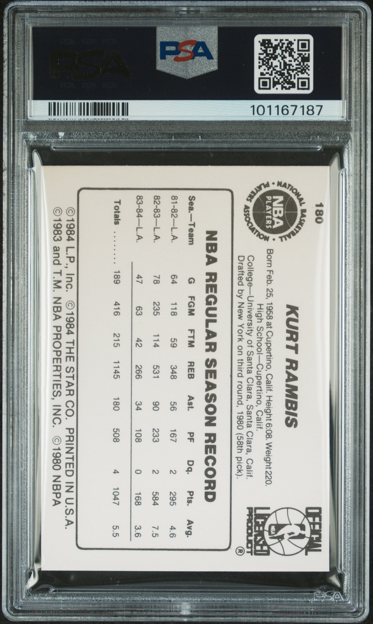 1984 Star #180 Kurt Rambis Lakers PSA 6