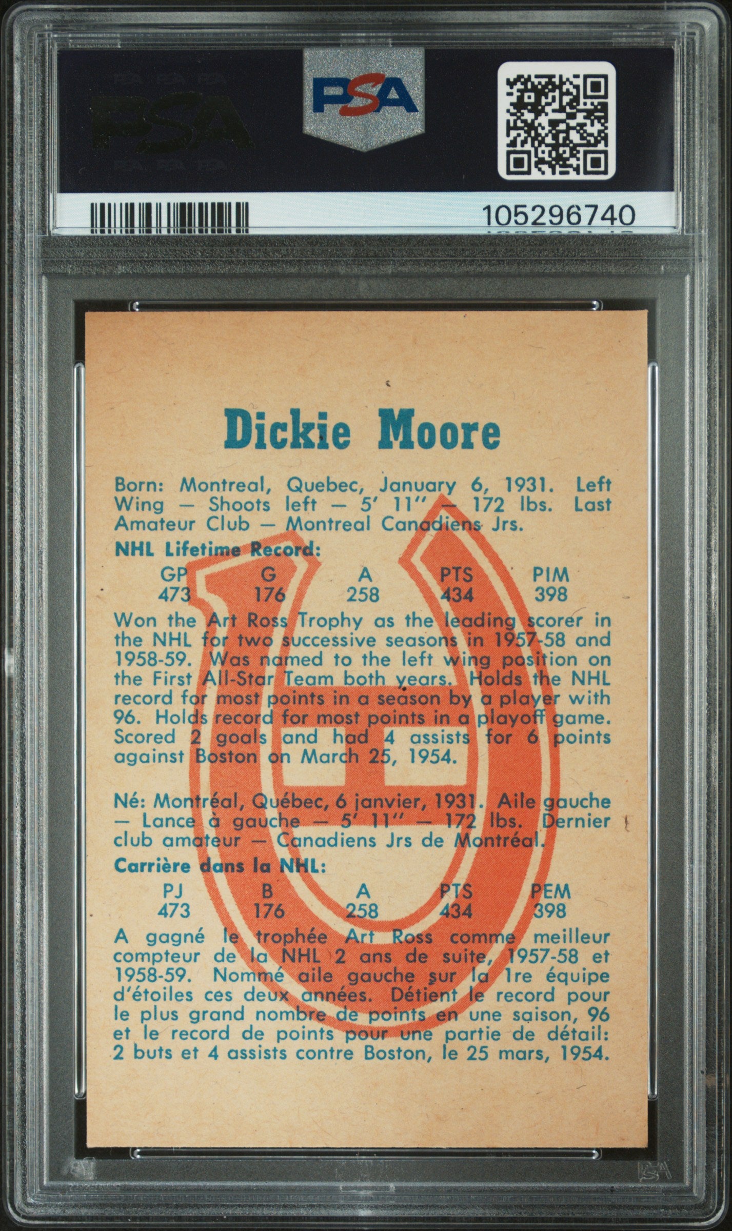 1960 Parkhurst #38 Dickie Moore Canadiens PSA 9 pop 14 (Only 1 Higher)