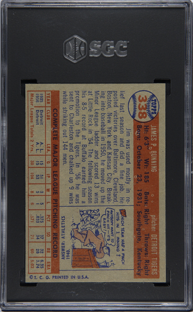 1957 Topps #338 Jim Bunning Rookie HOF Tigers SGC 6