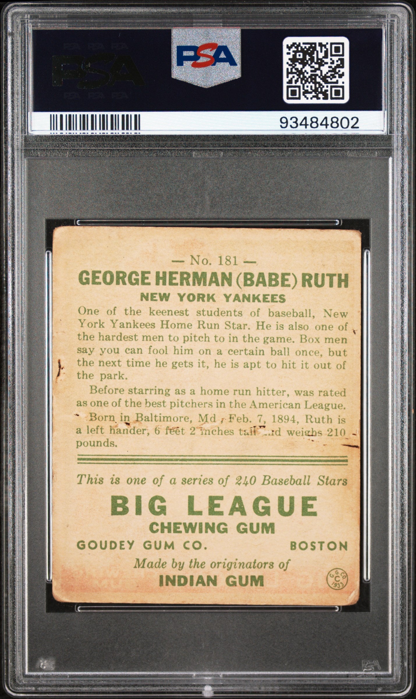 1933 Goudey #181 Babe Ruth Yankees PSA 1.5