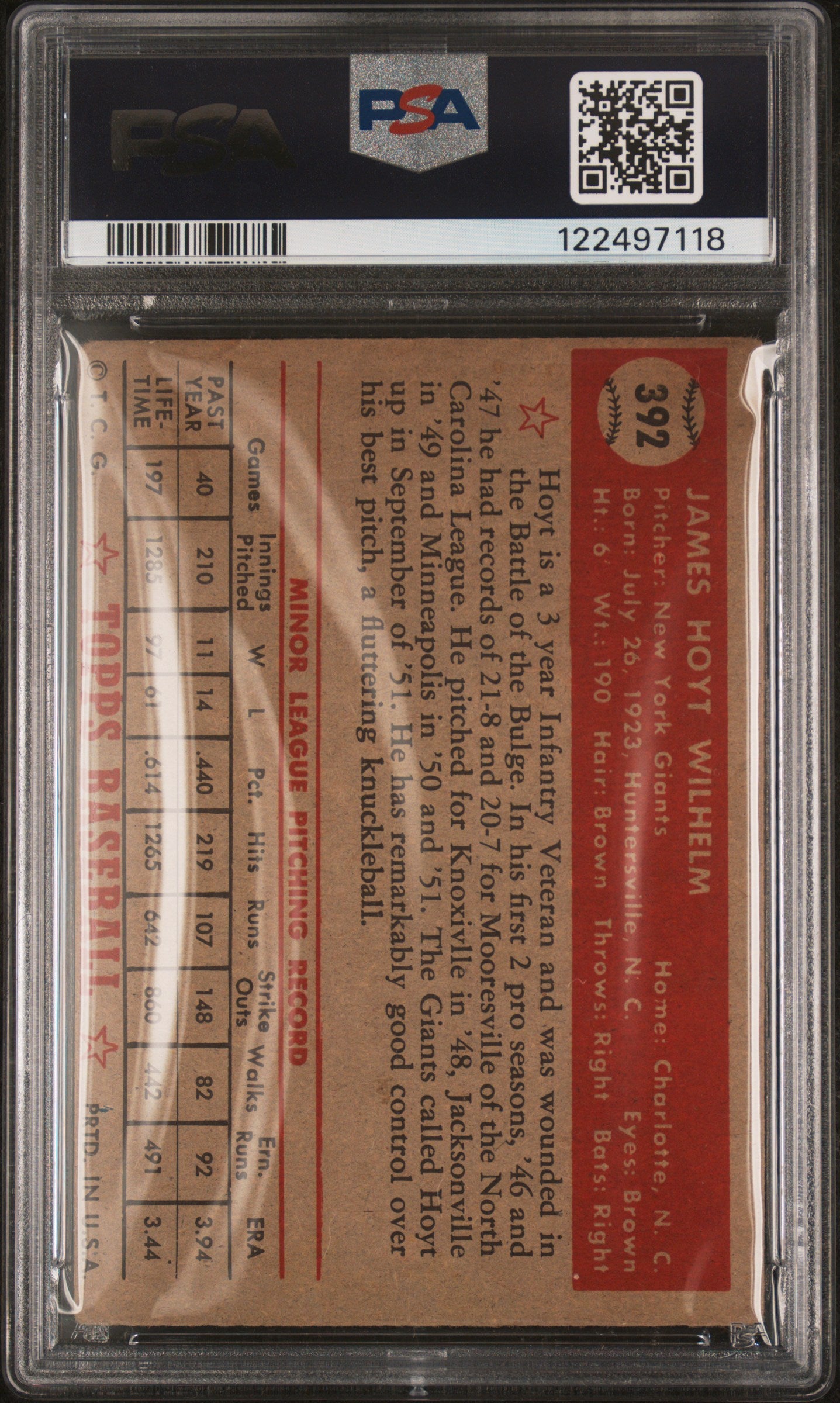1952 Topps #392 Hoyt Wilhelm Rookie HOF Giants PSA 2