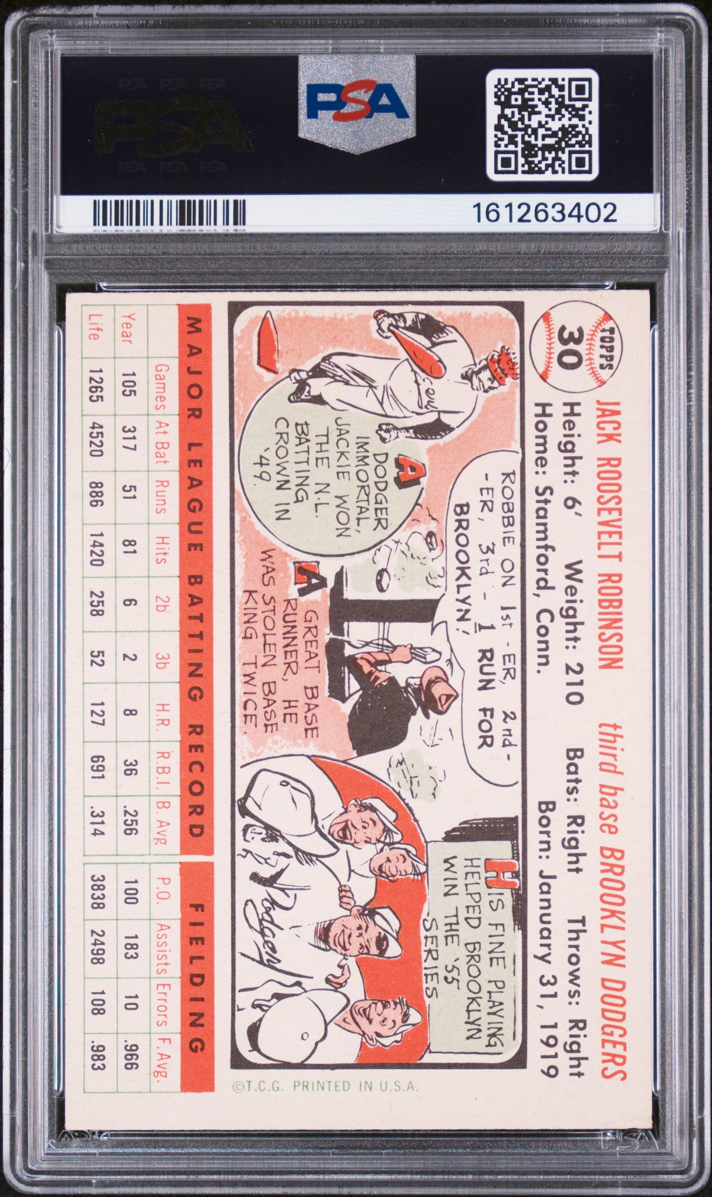 1956 Topps #30 Jackie Robinson White Back Dodgers PSA 4