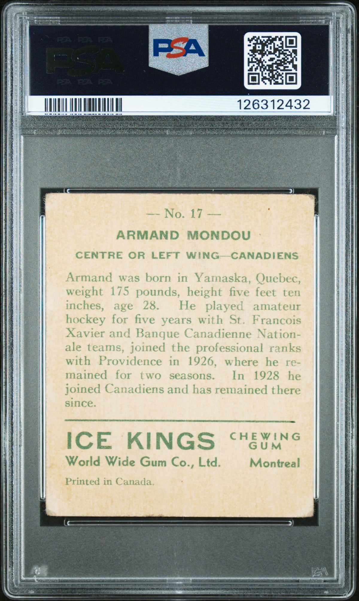 1933 World Wide Gum Ice Kings #17 Armand Mondou Canadiens English Only PSA 1.5