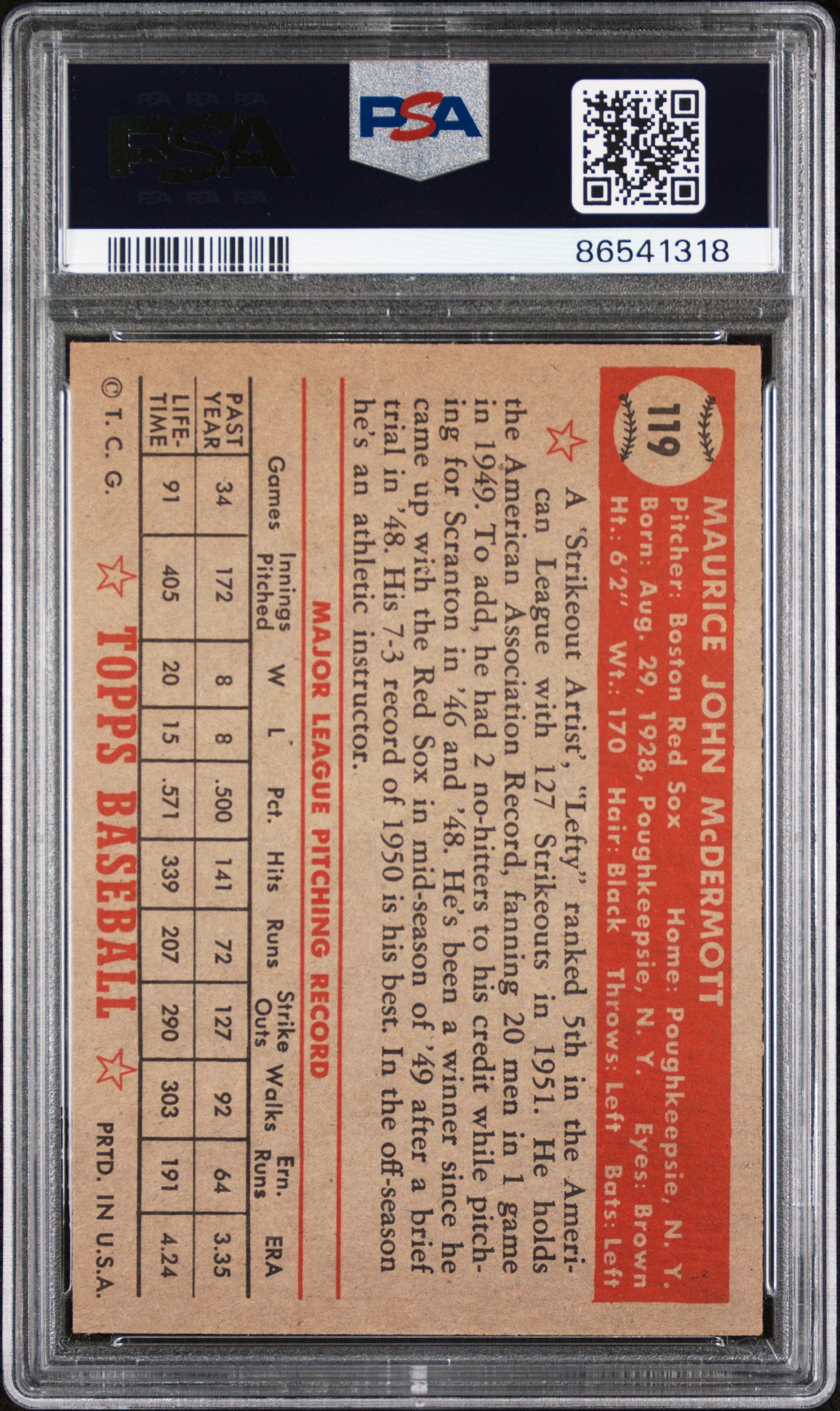 1952 Topps #119 Maurice McDermott Red Sox PSA 6