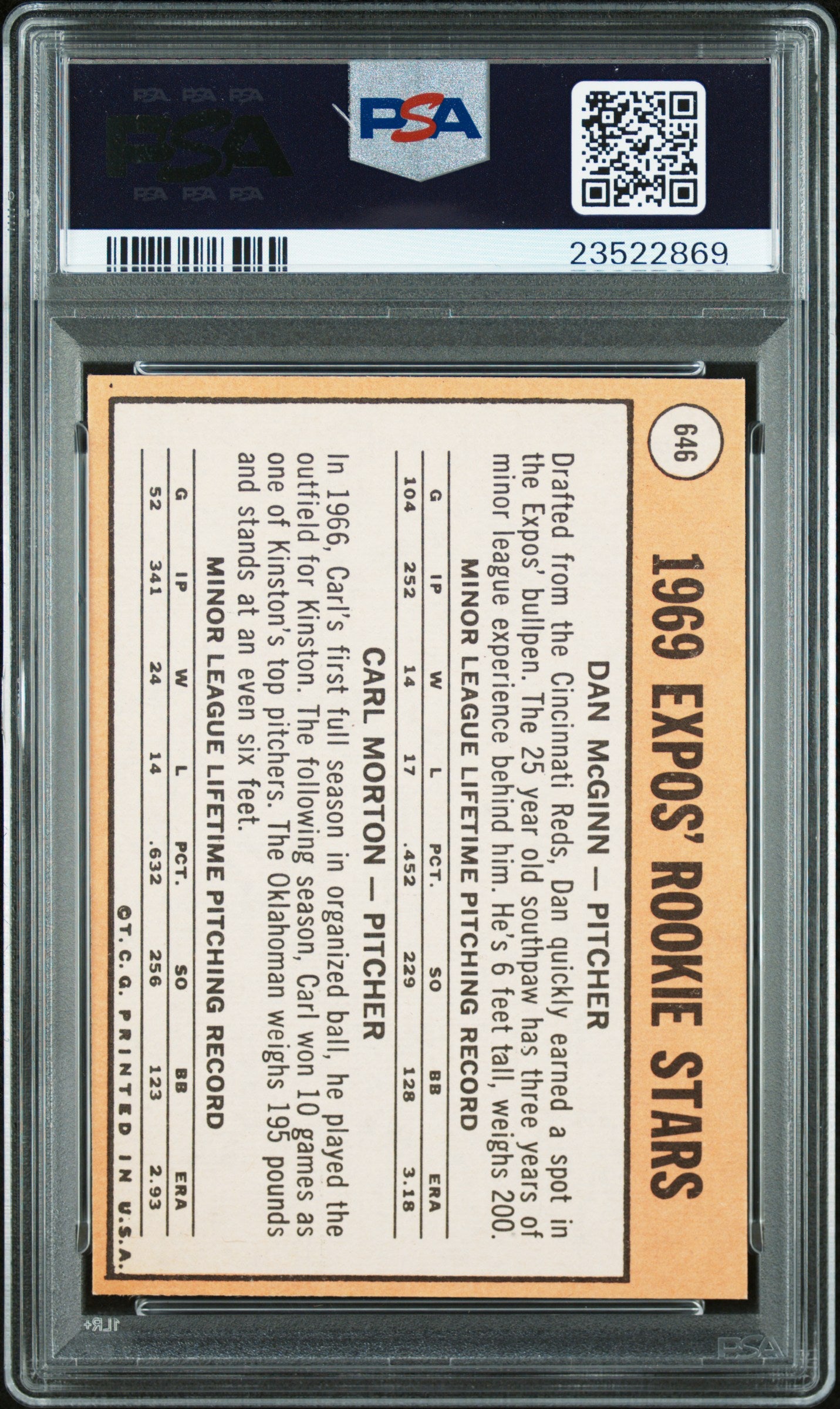 1969 Topps #646 Expos Rookies Dan Mcginn Carl Morton PSA 9