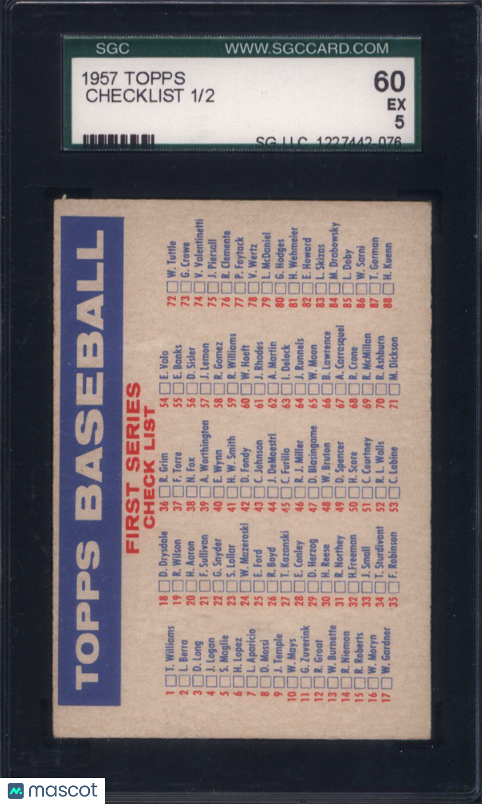 1957 Topps Baseball Checklist 1/2 SGC 5
