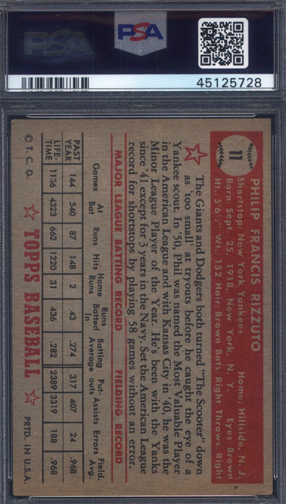 1952 Topps #11 Phil Rizzuto Red Back Yankees PSA 4