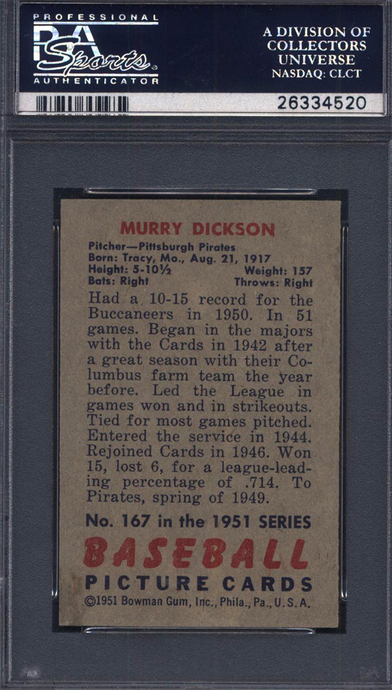 1951 Bowman #167 Murry Dickson Pirates PSA 8
