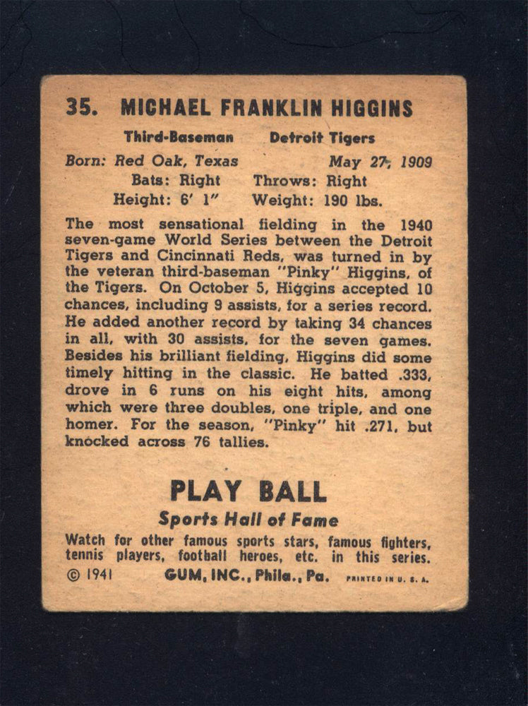 1941 Play Ball #35 Michael "Pinky" Higgins Tigers (VG)