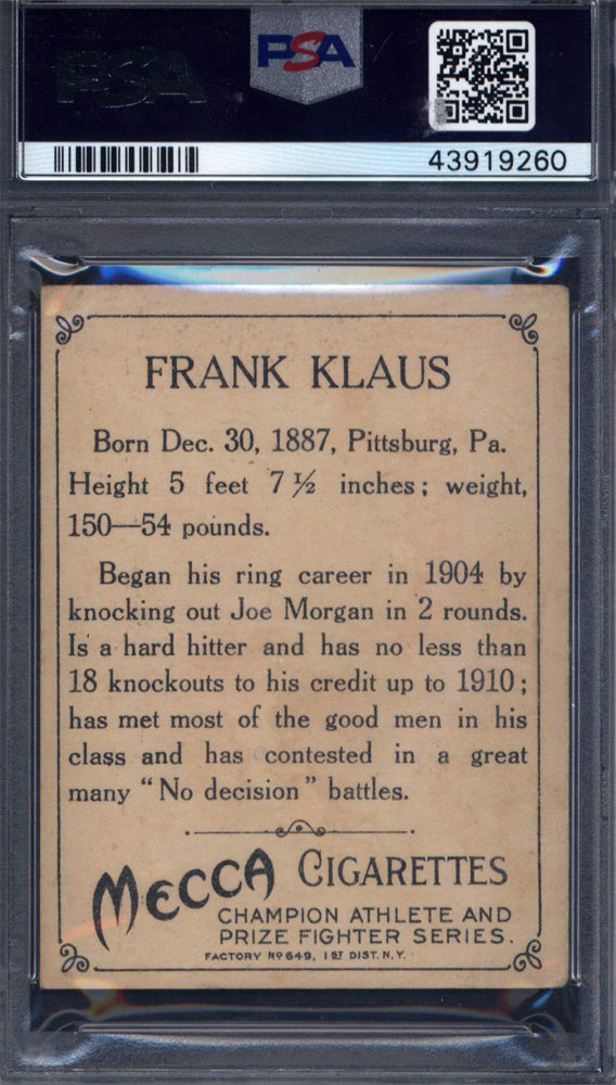 1910 T220 Champions Frank Klaus Boxing PSA 4.5 Mecca Back