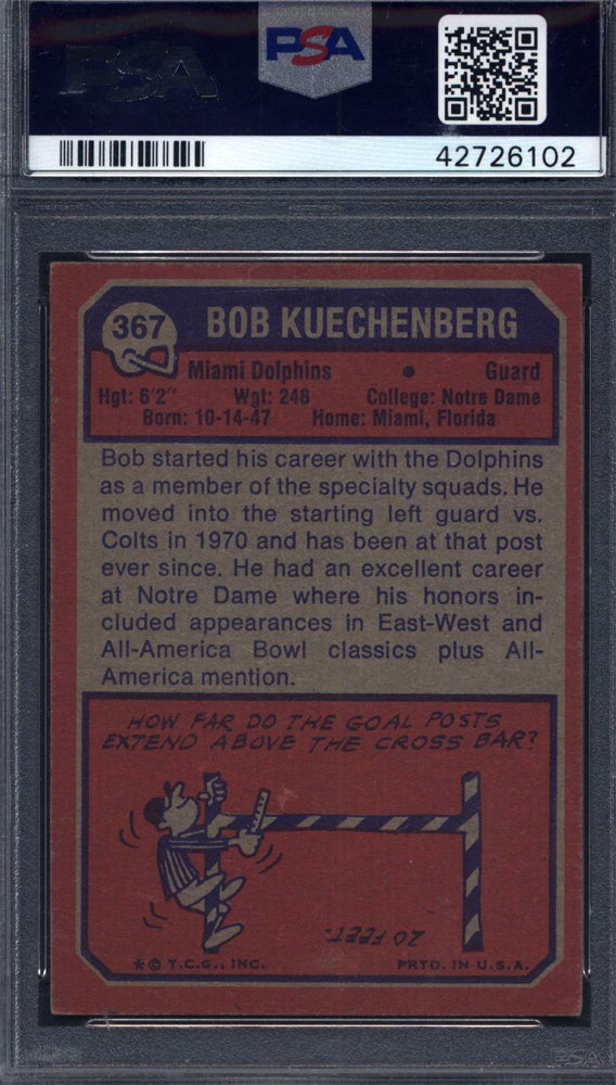 1973 Topps #367 Bob Kuechenberg Signed Autograph Rookie HOF PSA Authentic