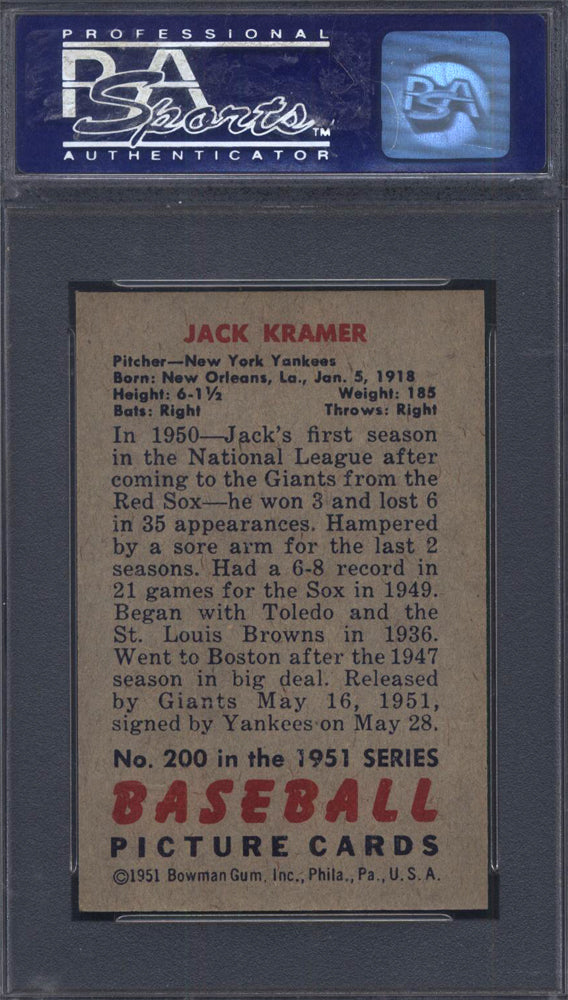 1951 Bowman #200 Jack Kramer Yankees PSA 8